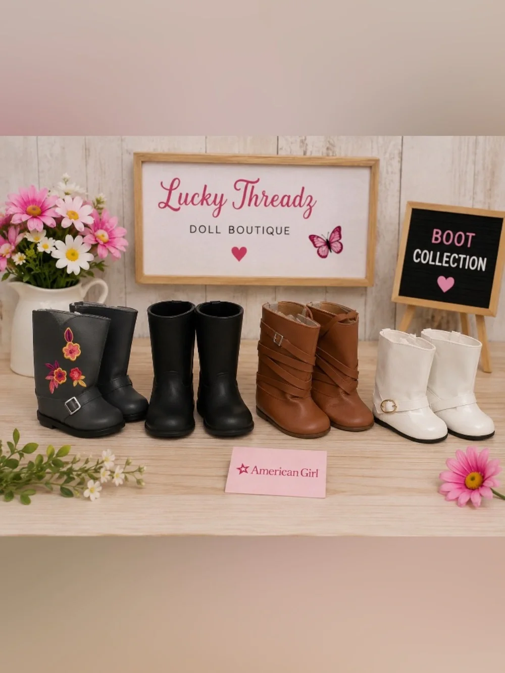 4 Pair 18” Doll Boots Floral, Riding , White & Brown Fashion boots